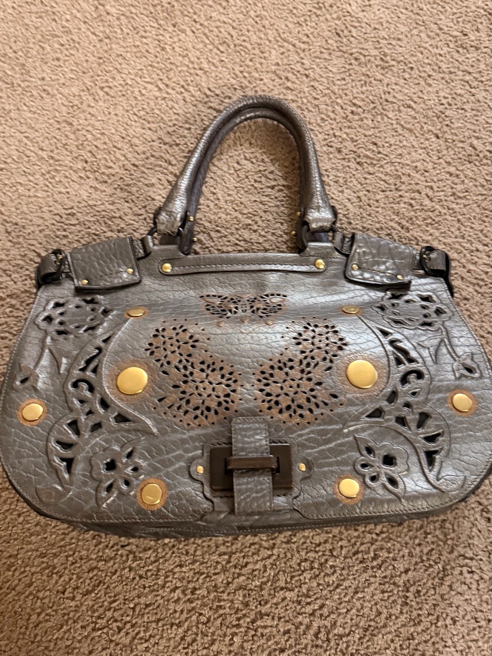 Salvatore Ferragamo Gray Laser-Cut Leather Satchel with Gold Studs